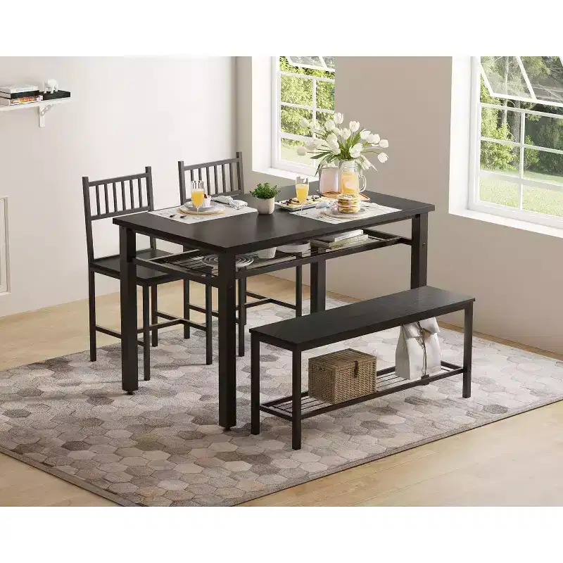 Farmhouse Kitchen Table Chairs Set,47 Dining Table with Bench& Chairs,Metal Frame,Space-Saving Design (Black)