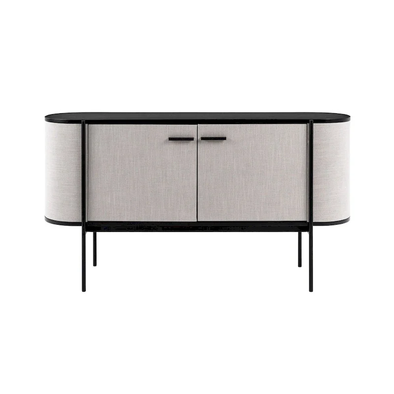 Modern Beige Fabric & Matte Black Metal Buffet Cabinet with Curved Design