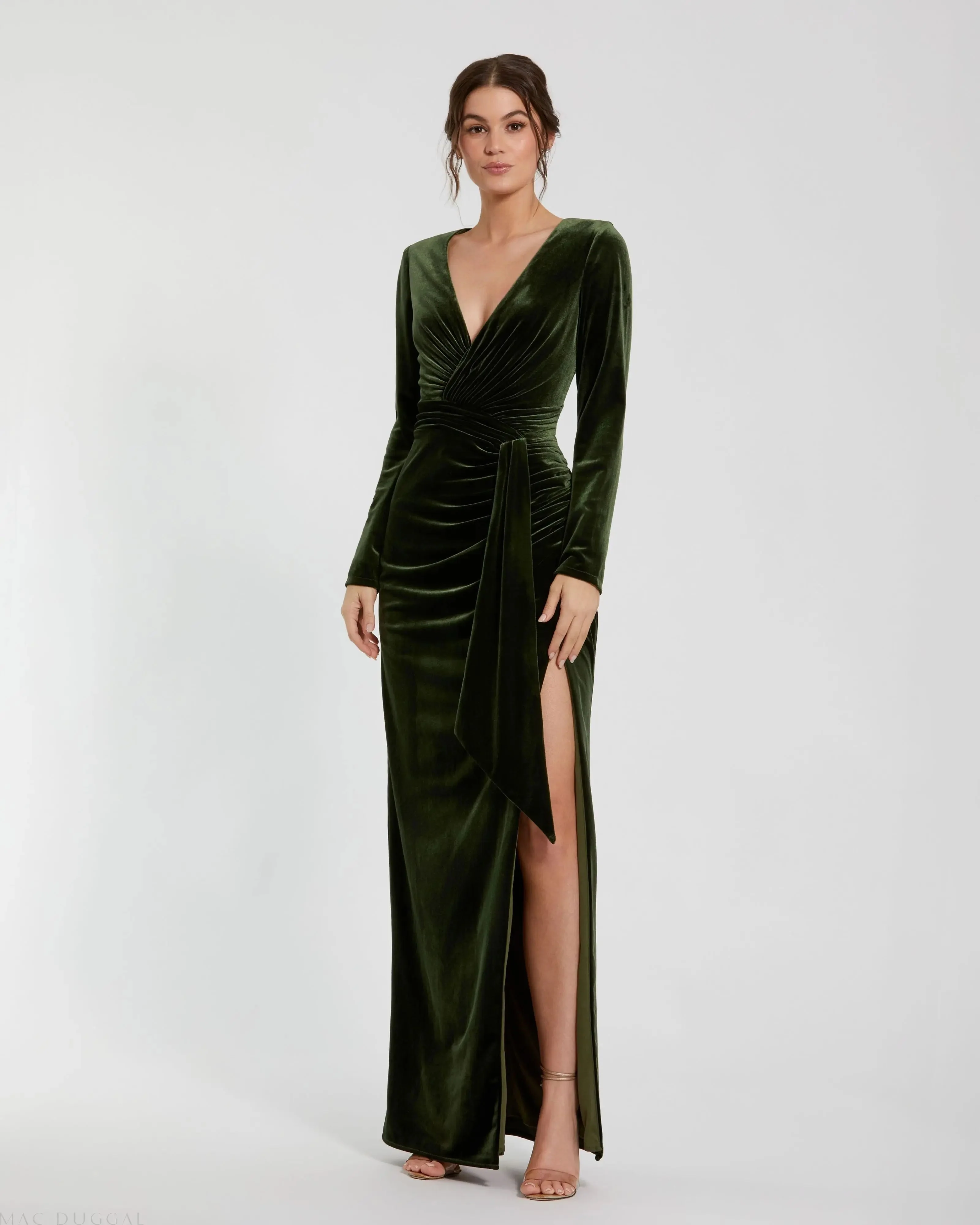 Green Ruched Velvet Column Evening Gown