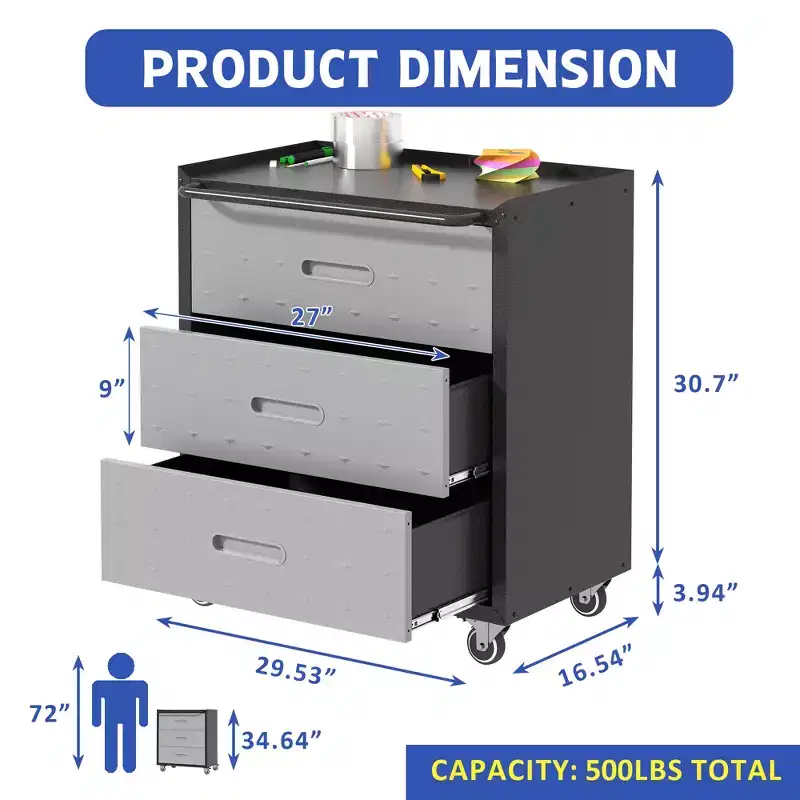 Metal Storage Cabinet with Wheels, 3 Drawer Tool Cabinet for Garage, Office, and Home Organizer Solutions