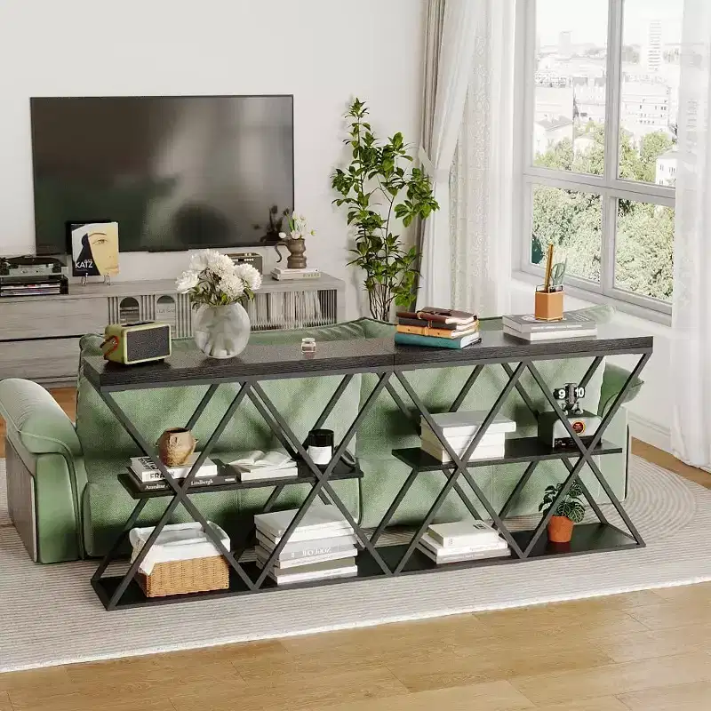 Industrial Narrow Console Table for Entryway Sofa Table Behind Couch X-Shaped Frame Rustic Wooden Accent Tables w/Storage Shelves for Hallway