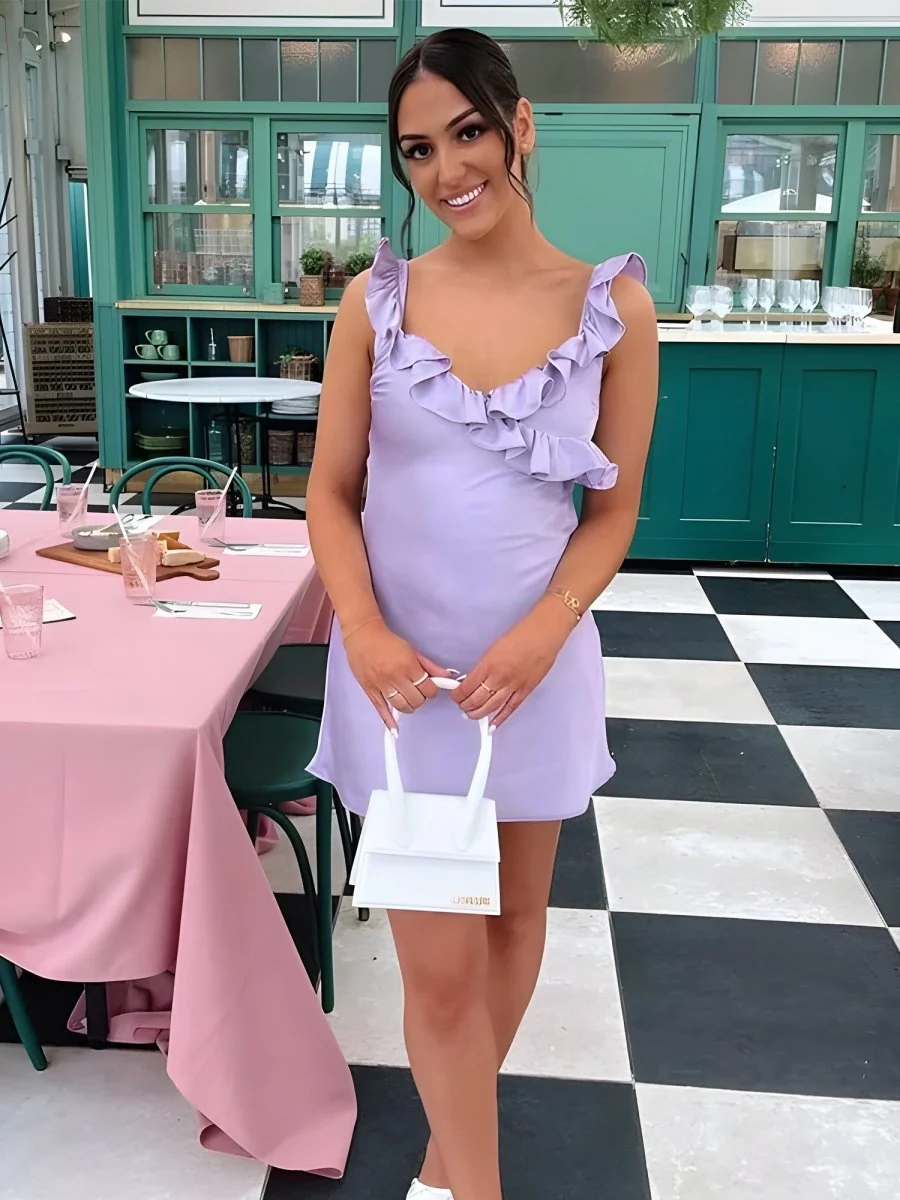 Lavender - Scalloped Neck Sheath Satin Ruffles Short Homecoming Dress
