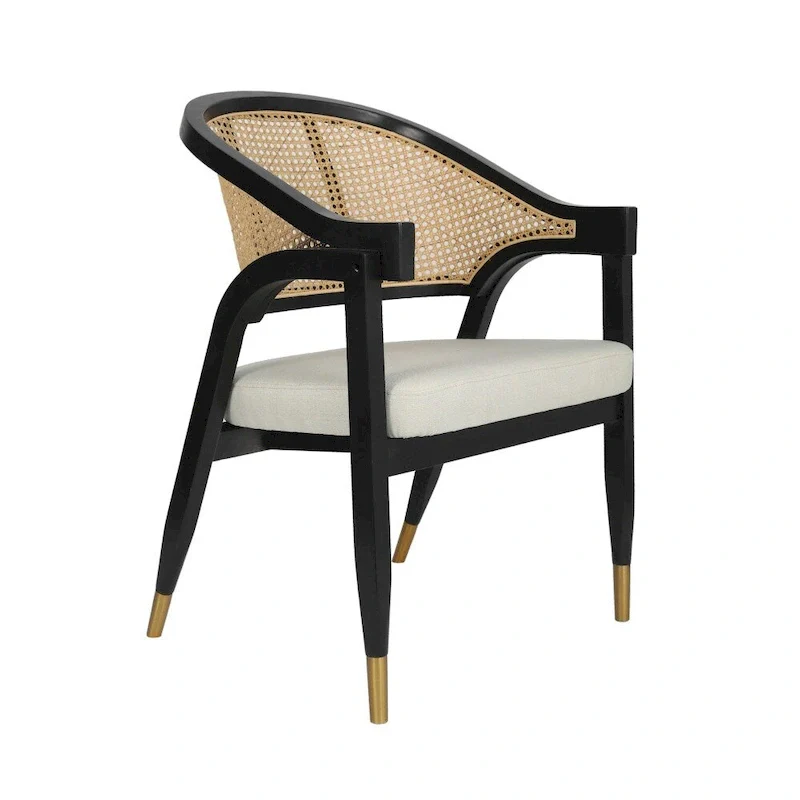 Cane Rattan Dining Chair with Upholstered Seat and Armrests