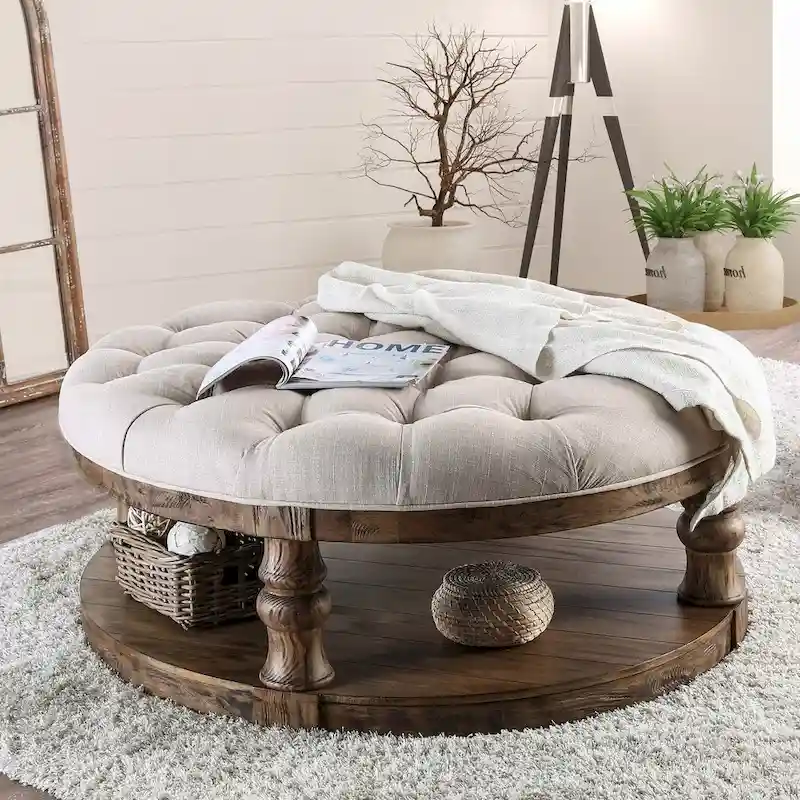 Rustic Round Coffee Table 48 - Tufted Fabric Top, Storage Shelf, Beige Linen Ottoman, 75 lbs Capacity