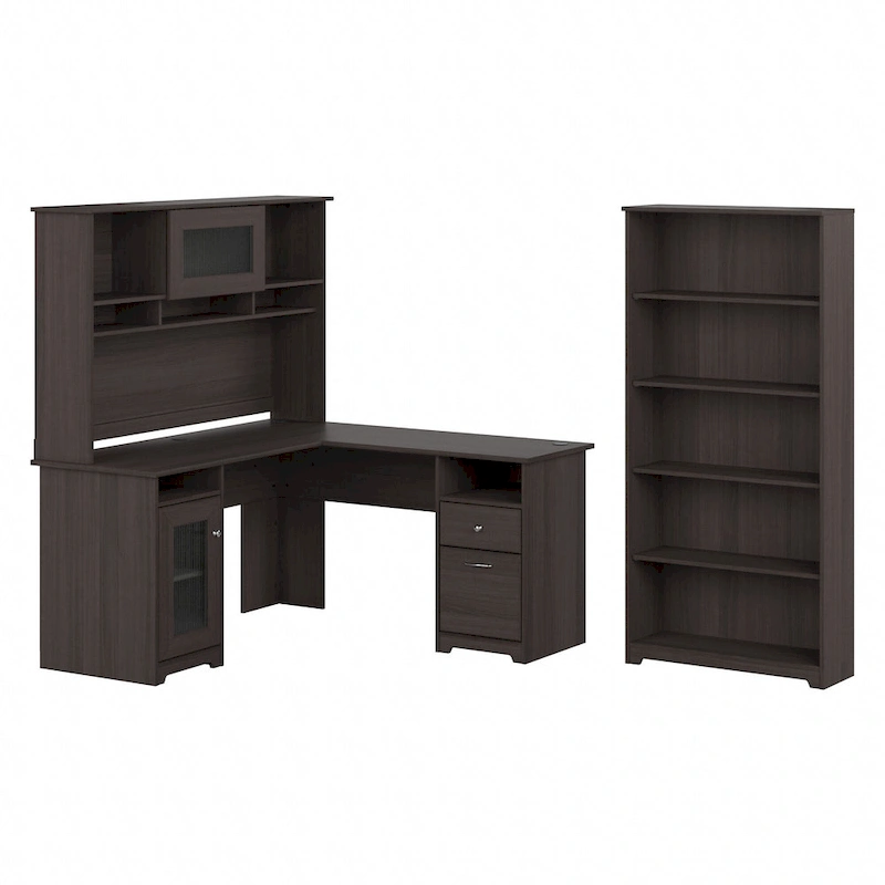 Cabot 60W L-Desk with Hutch and 5 Shelf Bookcase by Bush Furniture