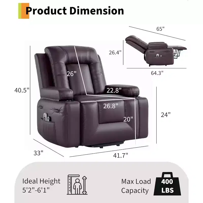 Electric Lift Recliner with Massage & Heat - Heavy Duty Adjustable PU Leather Chair for Elderly & Mobility Impaired