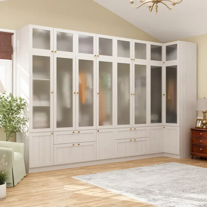 Large Frosted Glass Wardrobe with Soft-Close Hinges | MDF Construction | Light Gray Wood Grain | Gold Handles | Customizable Walk-In Closet