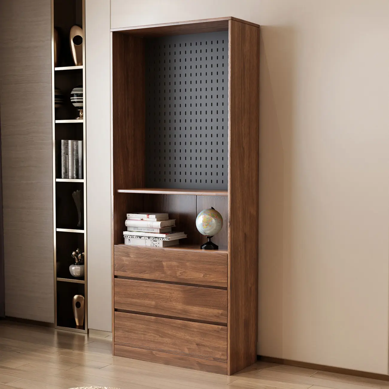 Traditional Brown Pecan Wood Bookcase with Drawers