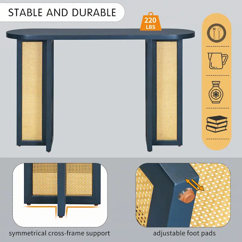 Farmhouse Rattan Console Table Entryway Table,Navy