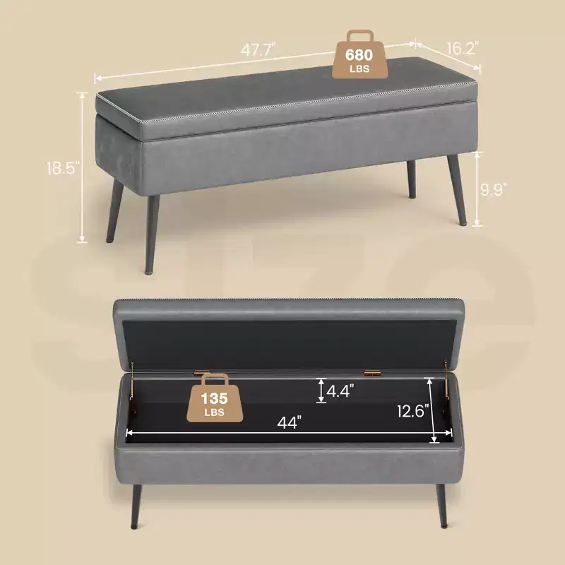 Mid-Century Modern Ottoman Bench with Storage  Faux Leather Upholstered Shoe Bench  Rectangular End of Bed or Entryway Seating  Dual Safety Hinges
