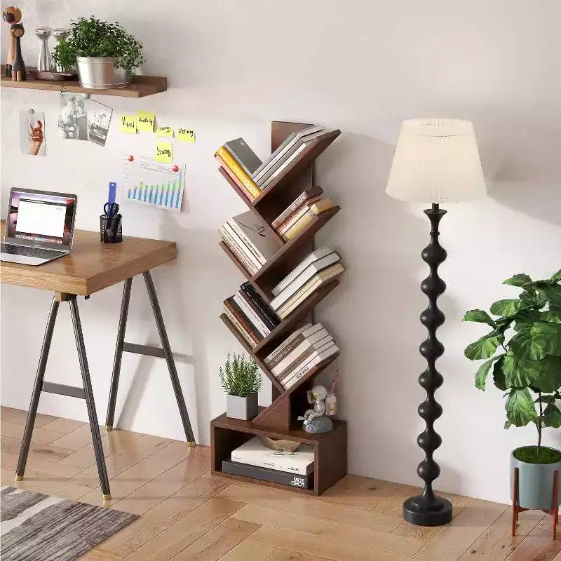 FDW 7 Tier Tree Bookshelf Rustic Brown Floor Standing Bookcase with Storage Cabinet, Tall Narrow Bookshelves Organizer for Bedroom Living Room Office