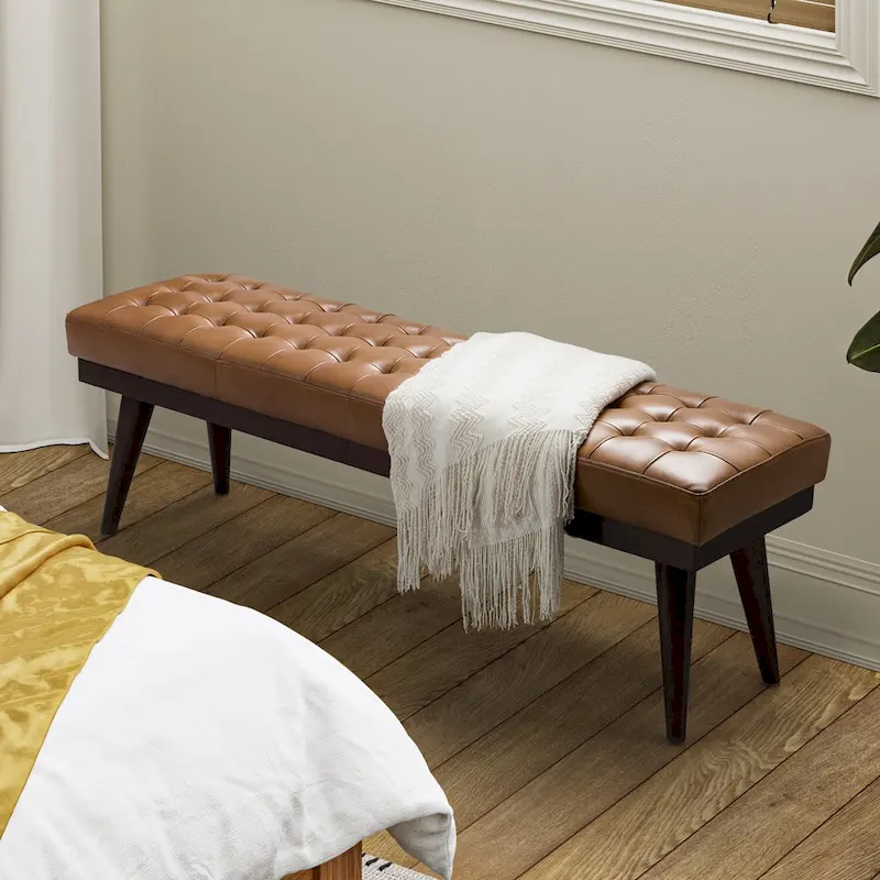 Genuine Leather Tufted Bench with Solid Wood Base