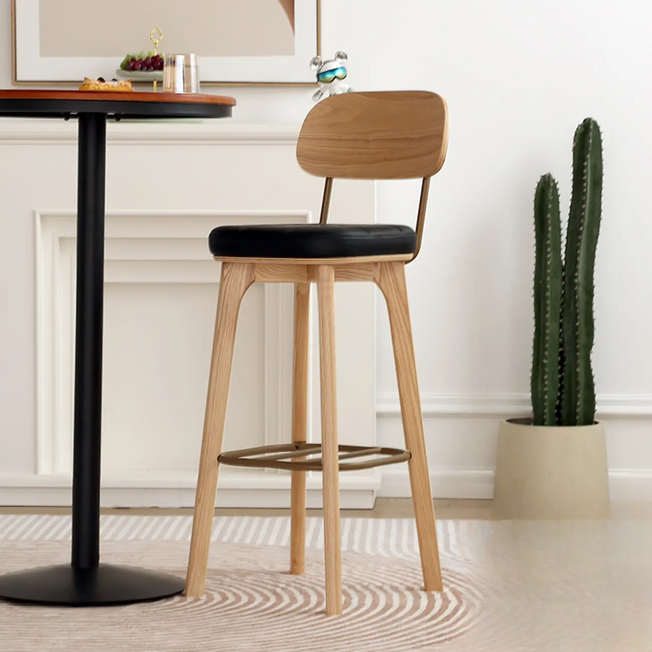 Wooden Square Leather Upholstered Bar Stool with Backrest