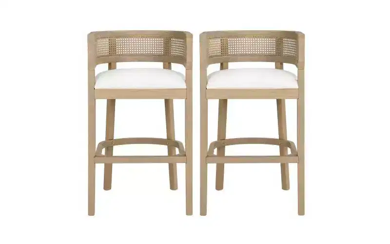 Christopher Knight Home Set of 2 Alaia Contemporary Rubberwood Upholstered with Curved Rattan Back Counter Height Barstools Natural