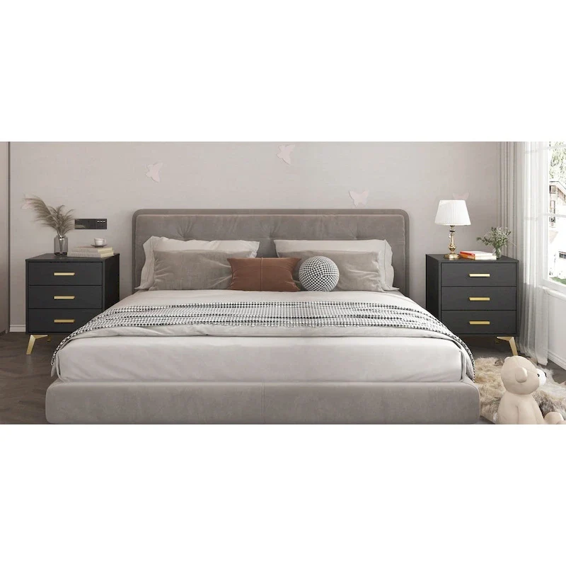 3-Drawer Nightstand with Metal Frame and Tapered Legs