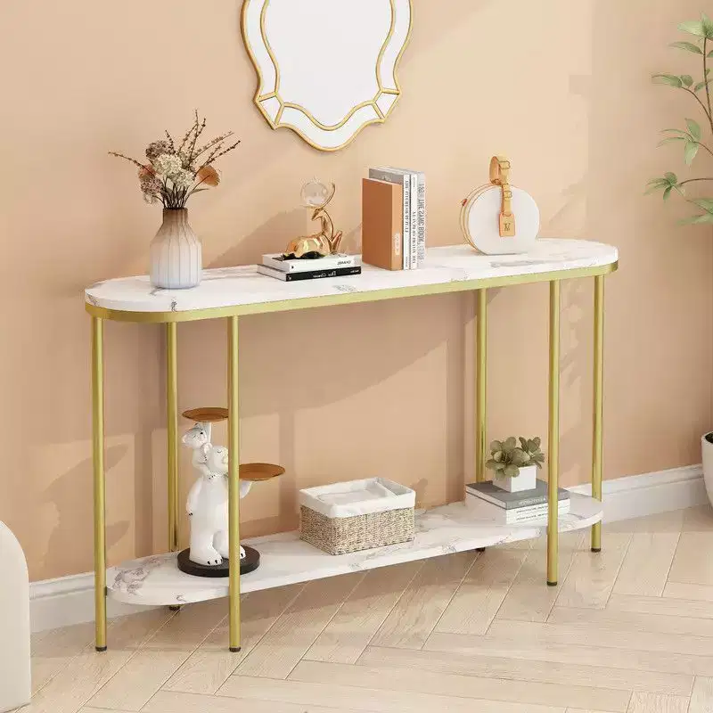 2 Layers Long Oval Density Board with Triamine Iron 42.13in White Marble Top Gold Frame Entrance Table