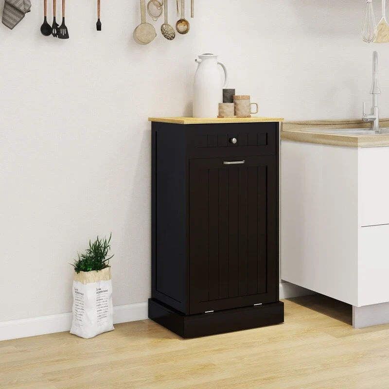 White/Black Tilt-Out Trash Cabinet with Drawer, Single Compartment