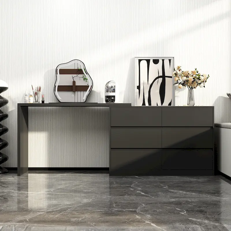 White/Black 6-Drawer Rotating Dresser & Desk Combo, 1-Person