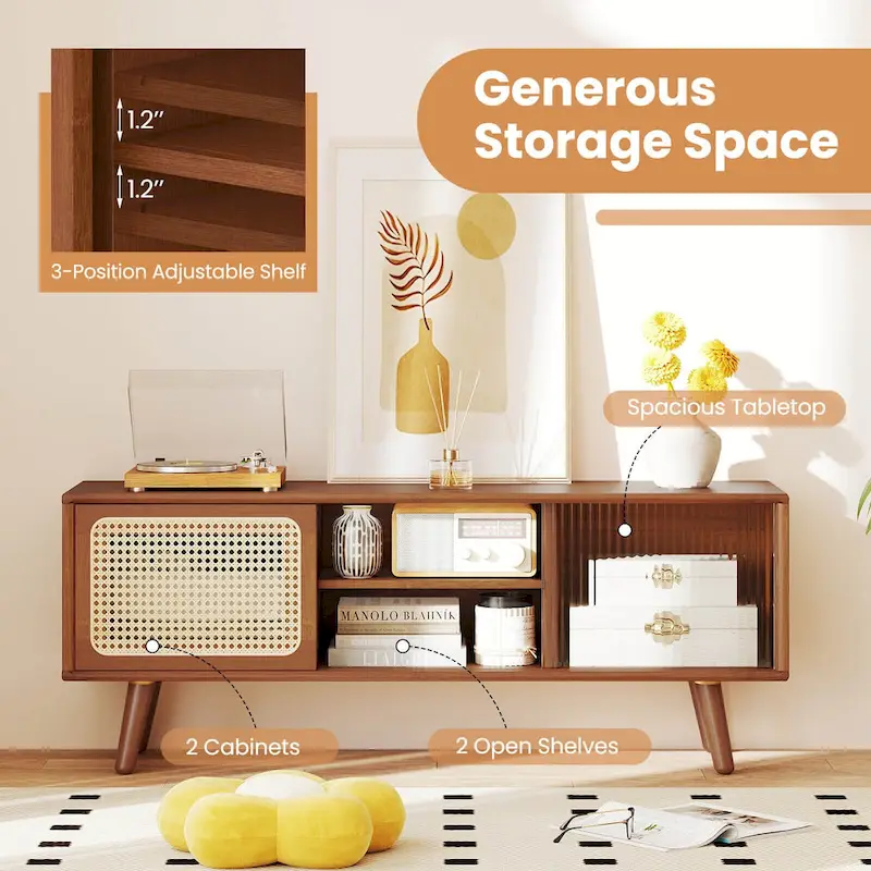 Mid-Century TV Stand with Rattan Sliding Doors, Brown/Natural, 47.5