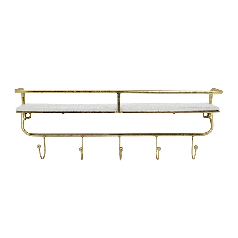 White & Gold Single Tier Wall Shelf with 5 Hooks