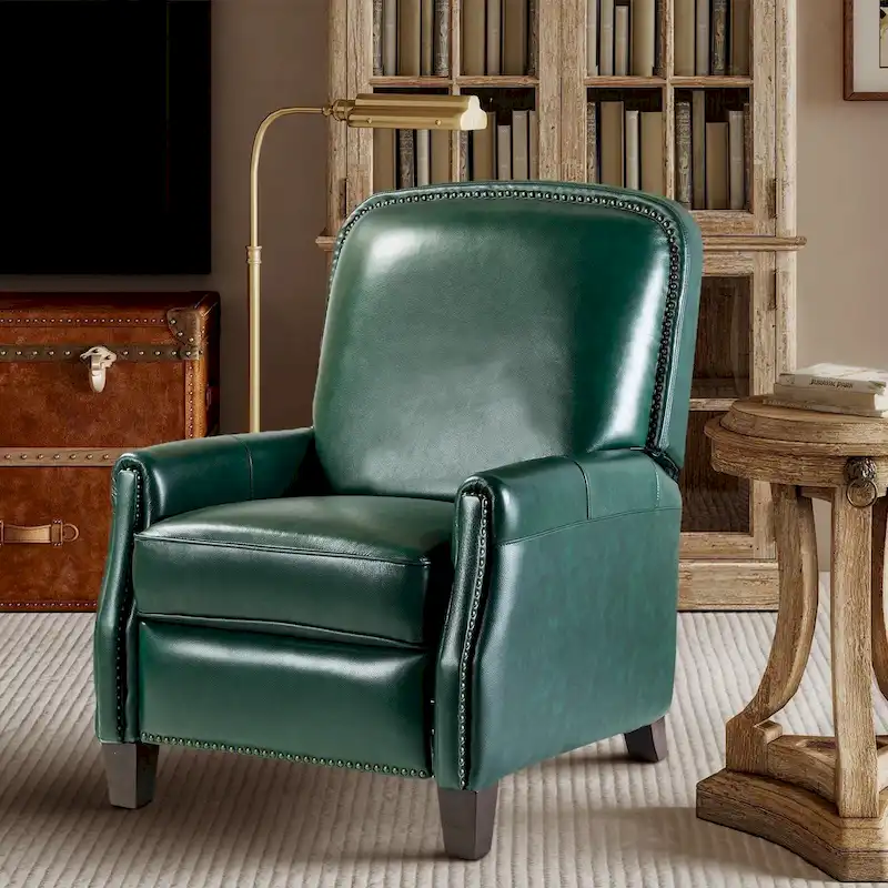 Modern Retro Genuine Leather Recliner with Nailhead Trim & Wooden Frame