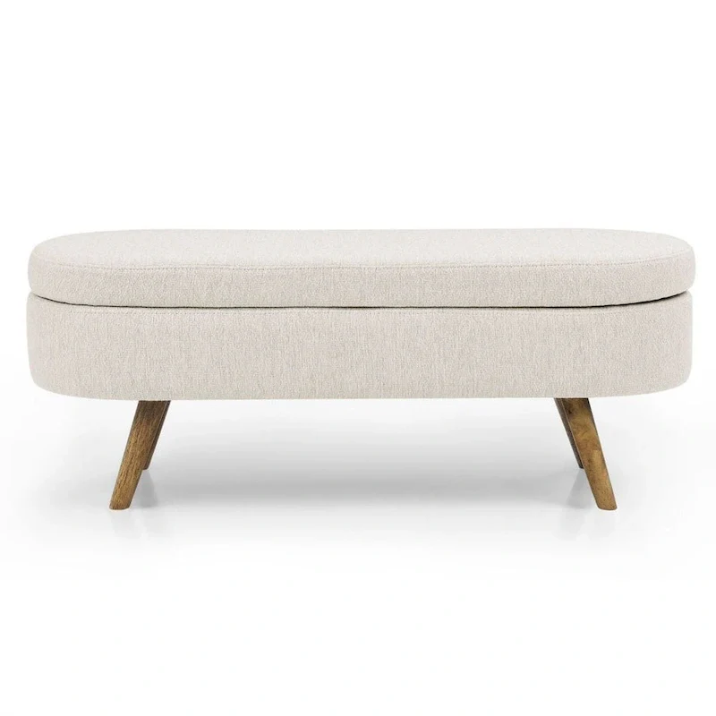 Ottoman Oval Storage Bench with Rubber Wood Legs Beige