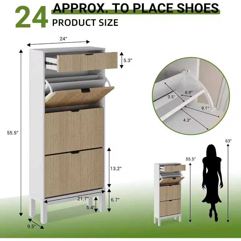 Shoe Storage Cabinet with 3 Flip Drawers & 1 Storage Drawer, 24'' W Narrow Shoe Cabinet with Adjustable Shelf