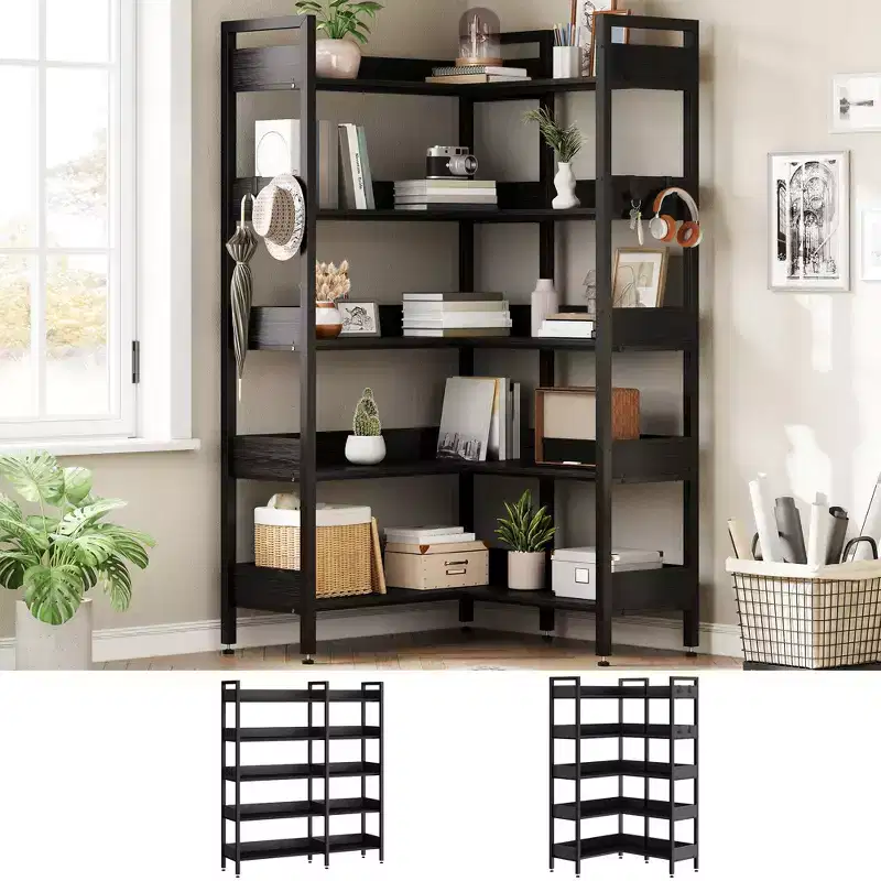 5-Tier Corner Bookshelf, Convertible l-Shaped Bookcase with Industrial Metal Frame, Multi-Functional Storage Shelf for Home Office,Bedroom