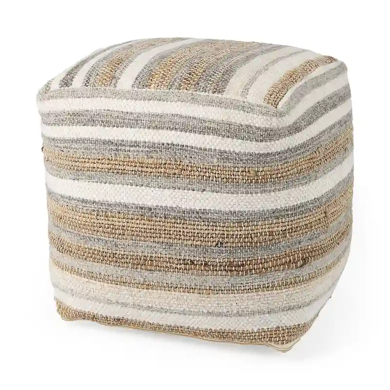 Multi-Colored Striped Hemp and Cotton Square Pouf 16x16x16