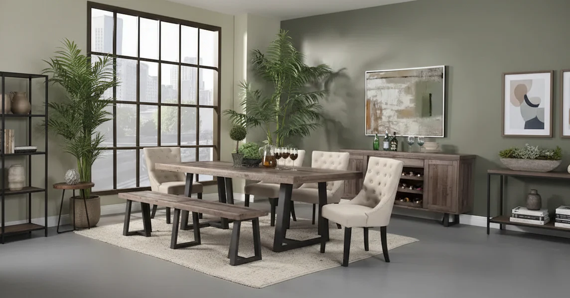 Rectangular Dining Table - Distressed Pine with Black Base, Seats 6 (Natural & Black)