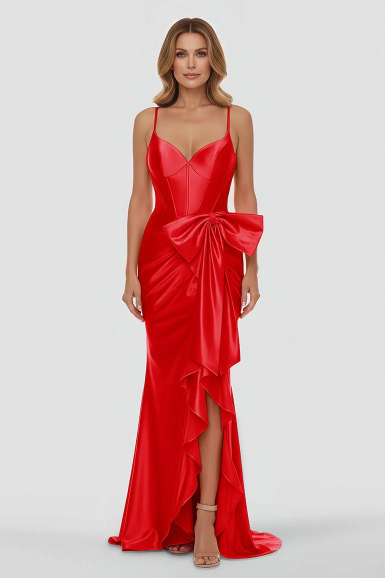 Straps V-Neck Satin Mermaid Prom Dress with Bow