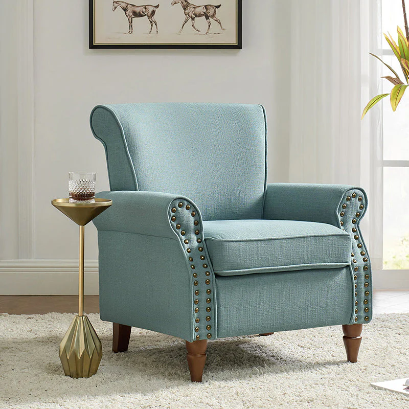 Polyester Upholstered Armchair with Removable Seat Cushion, Foam Fill & Carved Walnut Solid Wood Legs | Blue / Oatmeal / Navy / Ivory / Grey / Sage / Teal / Charcoal | Single Seat