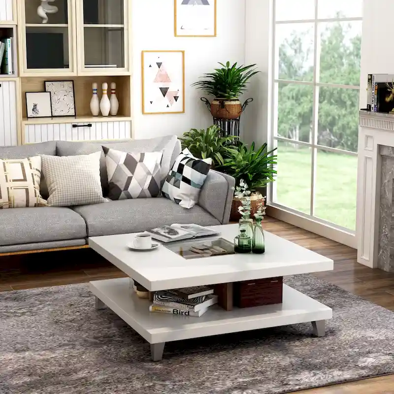 White 2-Tier Glass Insert Low-Profile Coffee Table