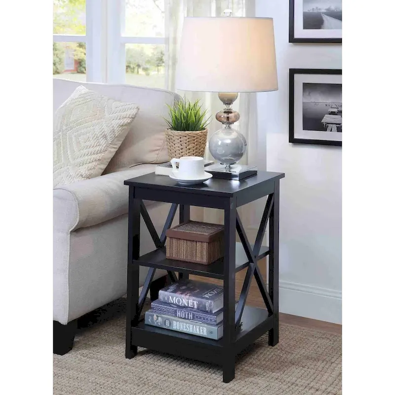 3-Tier End Table with Shelves, Black Wood Side Table with X-Frame Design, 15.75