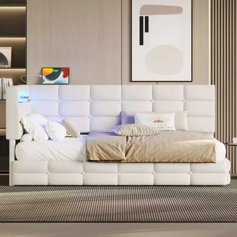 FAMYYT Twin Size Upholstered Daybed With 2 Drawers, Charging Station, LED Lights and Storage Headboard, Easy Assembly