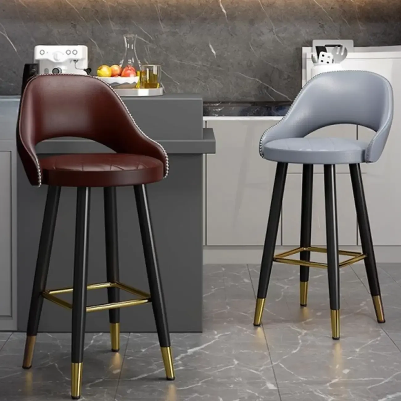 Modern Round Leather Curved Back Bar Stools