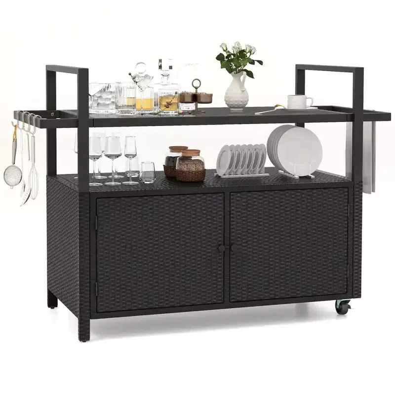 Costway Outdoor Bar Cart with Tempered Glass Top Storage Cabinet & 8 Hooks for Porch