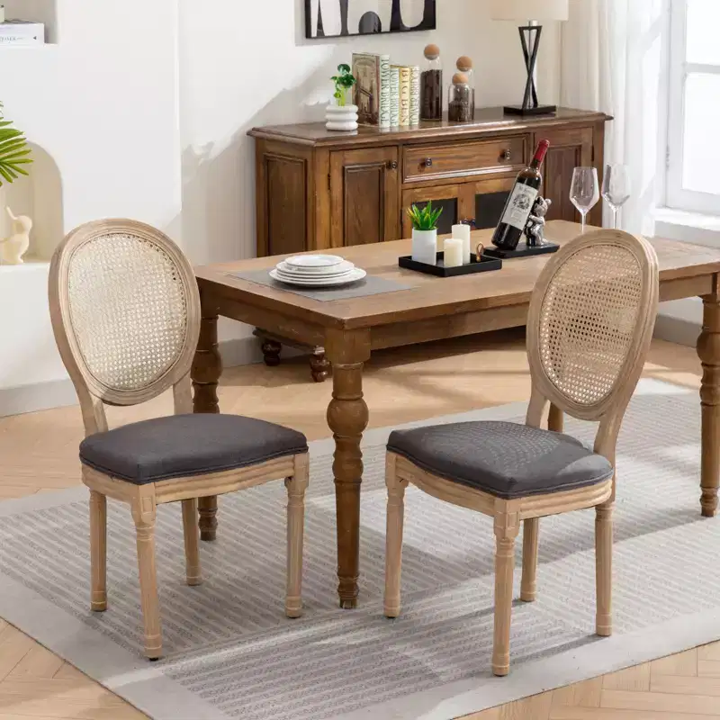 Set of 2 French Style Dining Chairs Upholstered Chairs Accent Chairs Armless Chairs with Rattan Back/Upholstered Back, Natural+Beige/Gray-ModernLuxe