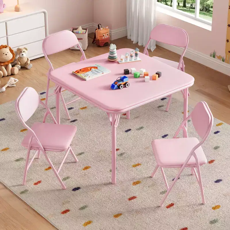 Pink 5-Piece Folding Table & Chairs Set C Kids Activity Set for Dining Room/Daycare/Classroom