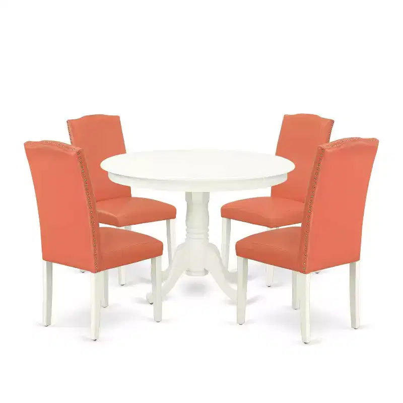 Round Dinette Set 5Pc - 42 Inch Table & 4 Chairs - Pink Flamingo PU Leather - Home Kitchen Furniture