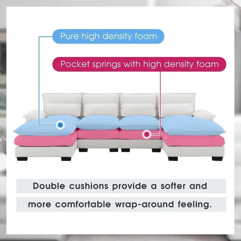 110*55 Modern U-Shaped Sectional Sofa with Waist Pillows,6-Seat Upholstered Symmetrical Sofa Furniture