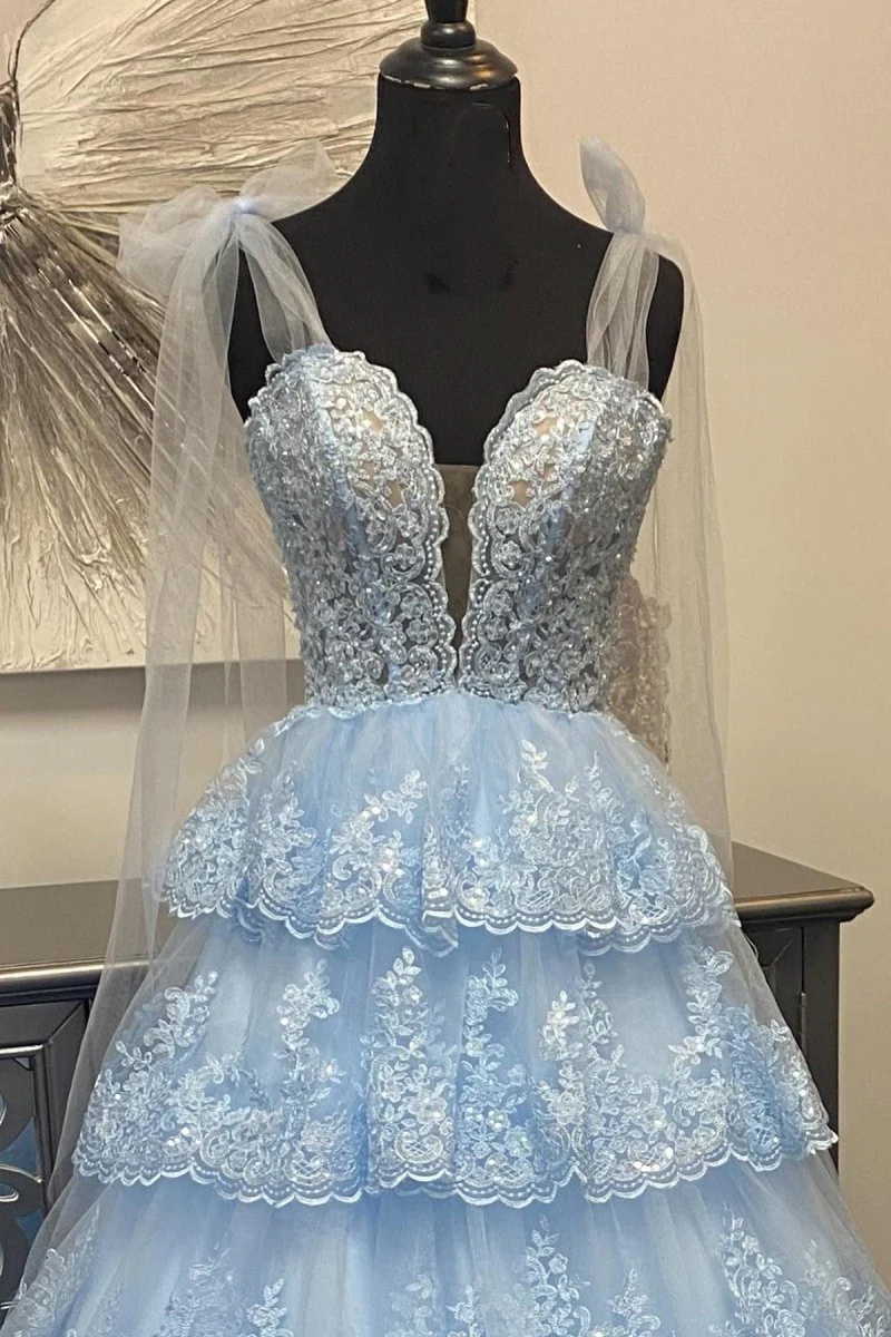 Light Blue Tulle Appliques Tying Strap Ruffle Tiered Long Prom Dress