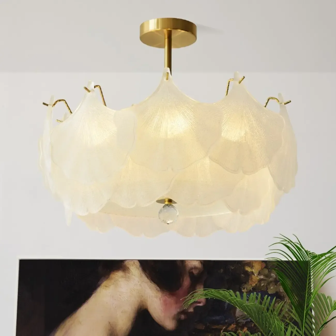 Elegant Gold Glass Leaf Semi Flush Mount Ceiling Light