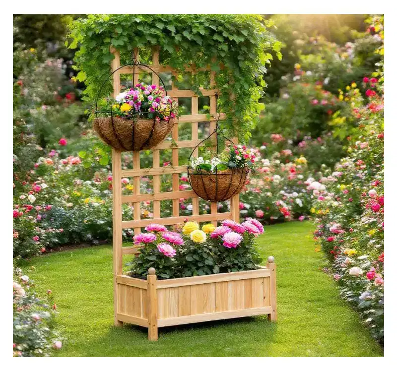 Wooden Raised Garden Bed with Decorative Trellis and Deep Planter Box, 23.5x11.5x49.25 inch