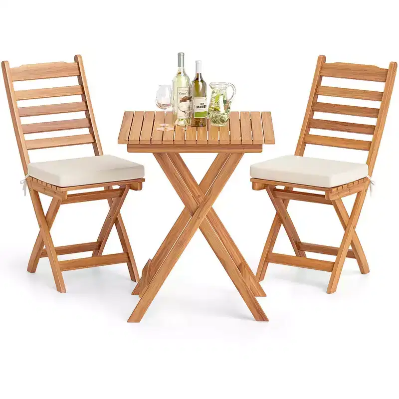 Costway 3-Piece Folding Bistro Set with Removable Seat Cushions Outdoor Table and Chairs