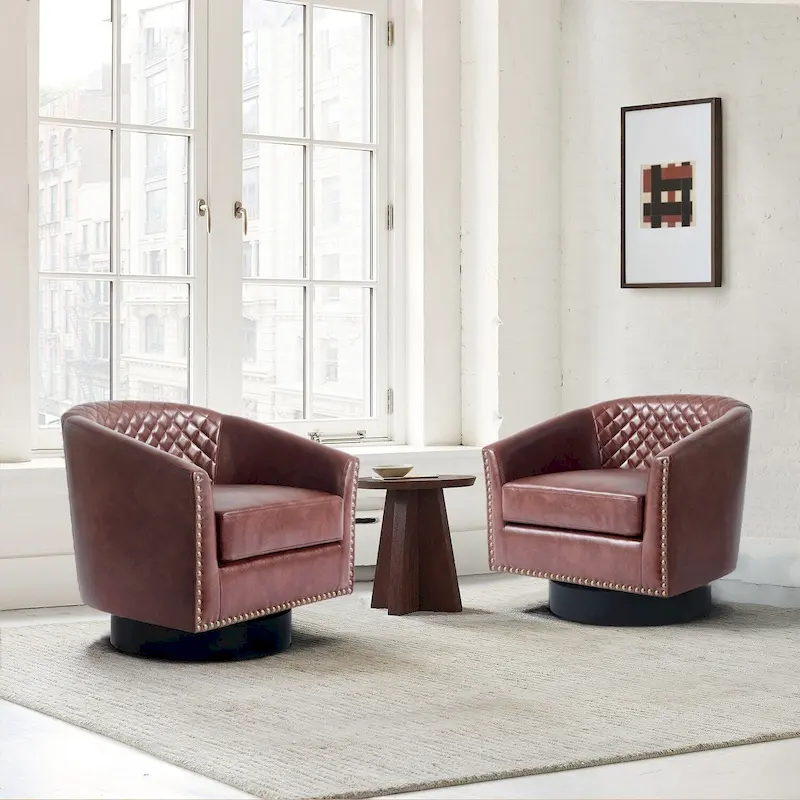 Faux Leather Nailheads Swivel Barrel Chair Set of 2