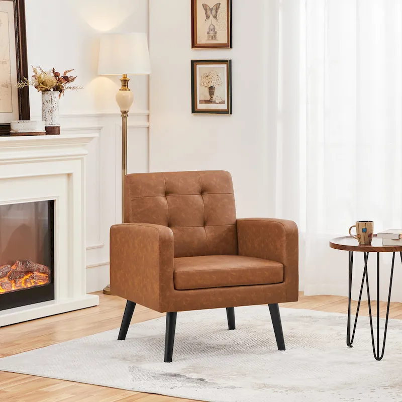 Retro Brown / Black / Beige Mid-Century Faux Leather Blind-Tufted Accent Chair with Rubberwood Legs – 1-Seater
