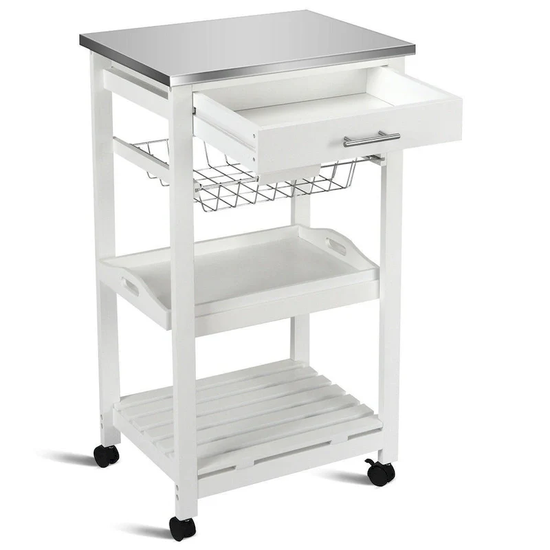 White Kitchen Cart with Storage Drawer and Stainless Steel Top - 18.5 x 14.5 x 33 ( L x W x H )