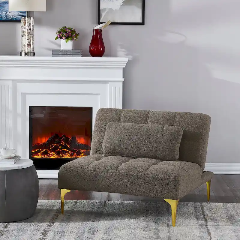 Convertible Futon Teddy Fabric Sofa Bed With Gold Metal Legs