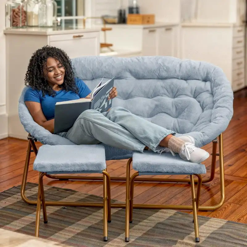 Double Folding Faux Fur Saucer Chair with 2 Ottomans – 300 lbs Capacity